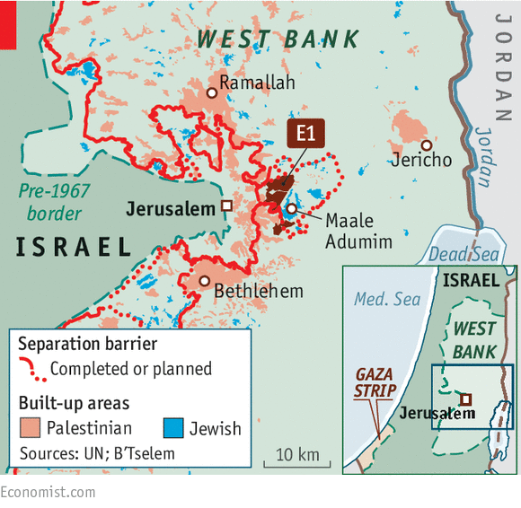 Em destaque, a área em disputa que, caso judaizada, interrompe todo o fluxo entre as cidades palestinas de Ramallah e Belém, dificultando ainda mais a já complicada vida da população ocupada