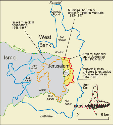 Mapa com as fronteiras de Jerusalém em diferentes momentos do século XX. Em azul, a fronteira da Grande Jerusalém expandida por Israel