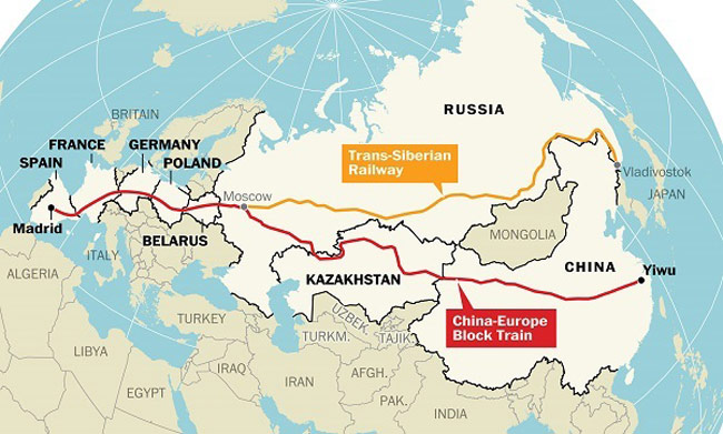No gráfico a “Nova Rota da Seda”, uma megaferrovia conectando Rússia e China ao continente europeu